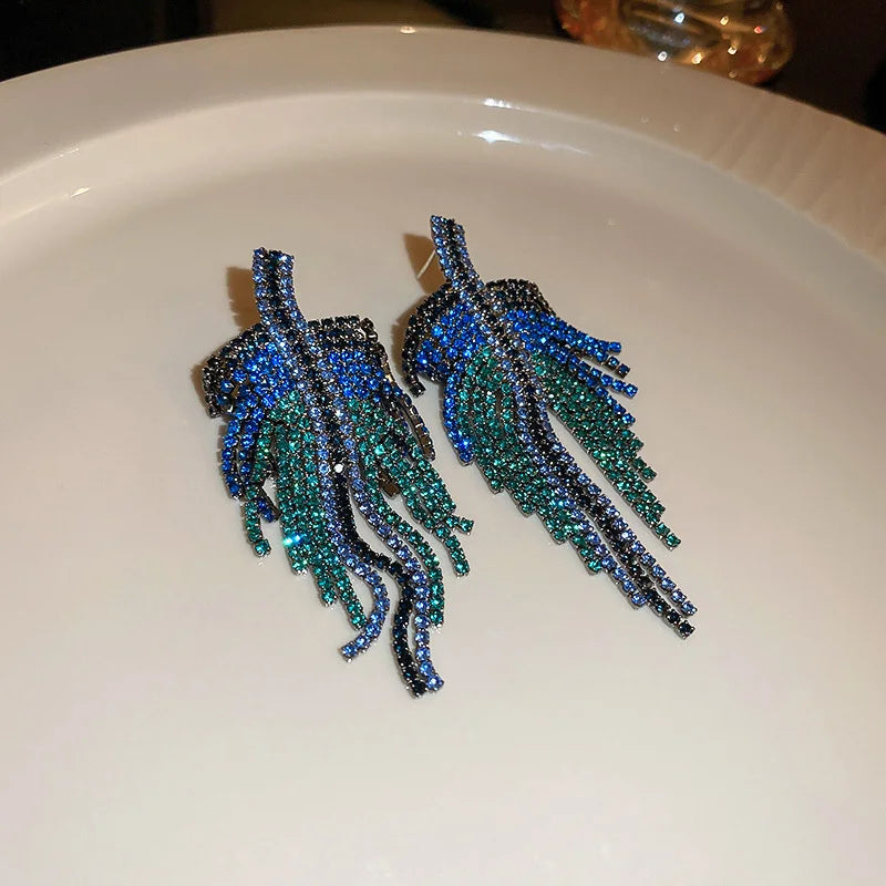 Blue Rhinestone Tassel Drop Earrings