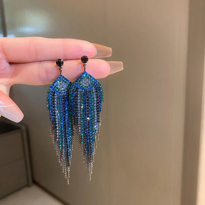 Blue Rhinestone Tassel Drop Earrings