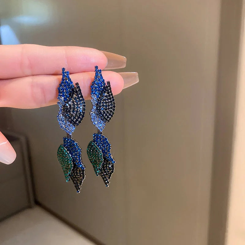 Blue Rhinestone Tassel Drop Earrings