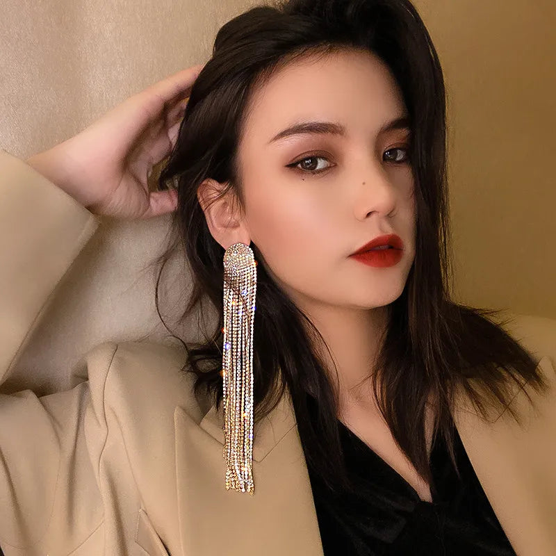 Oversized Rhinestone Tassel Earrings