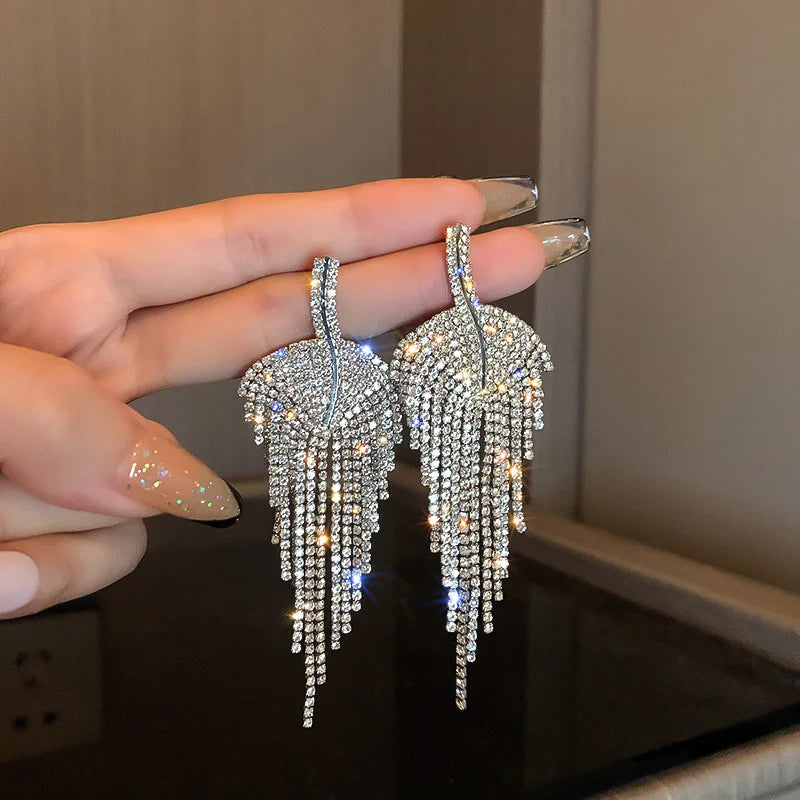 Blue Rhinestone Tassel Drop Earrings