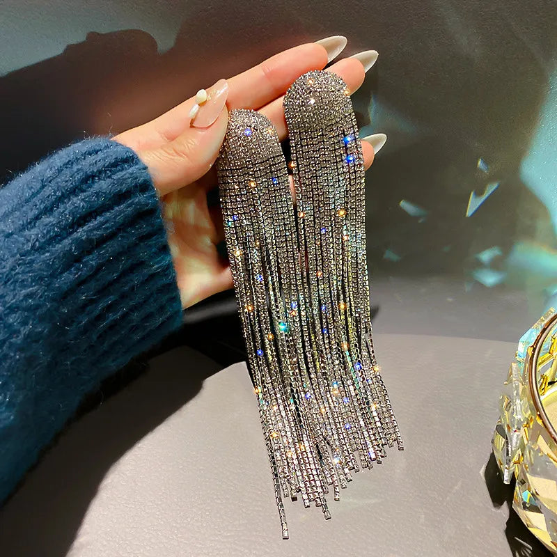 Oversized Rhinestone Tassel Earrings