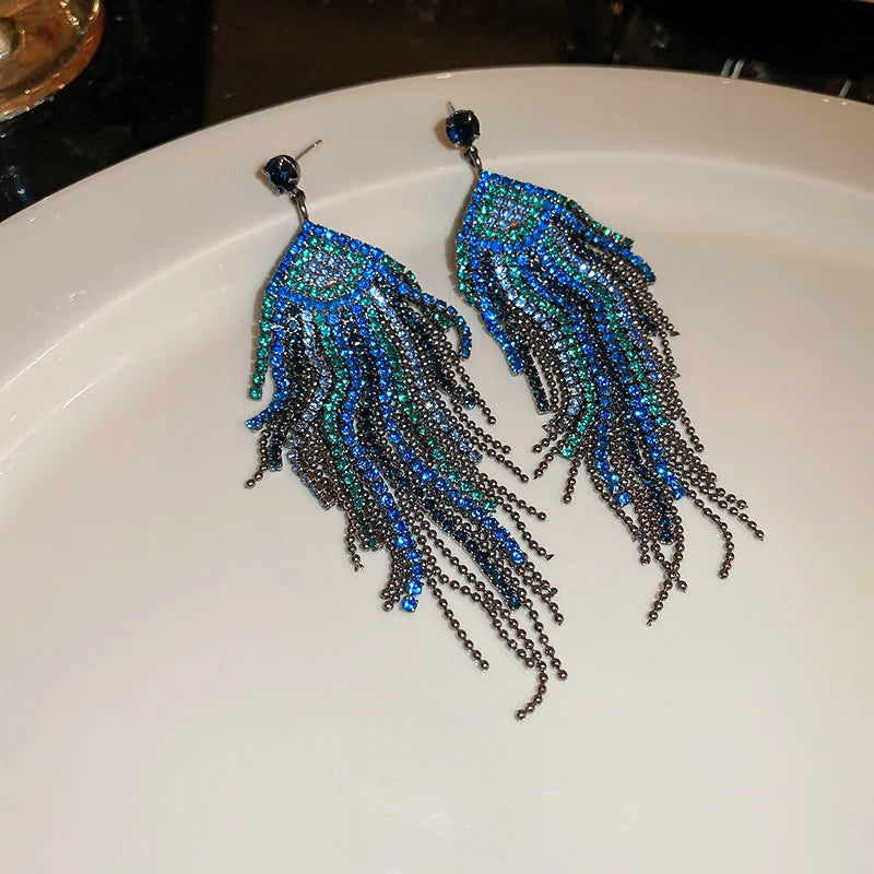 Blue Rhinestone Tassel Drop Earrings