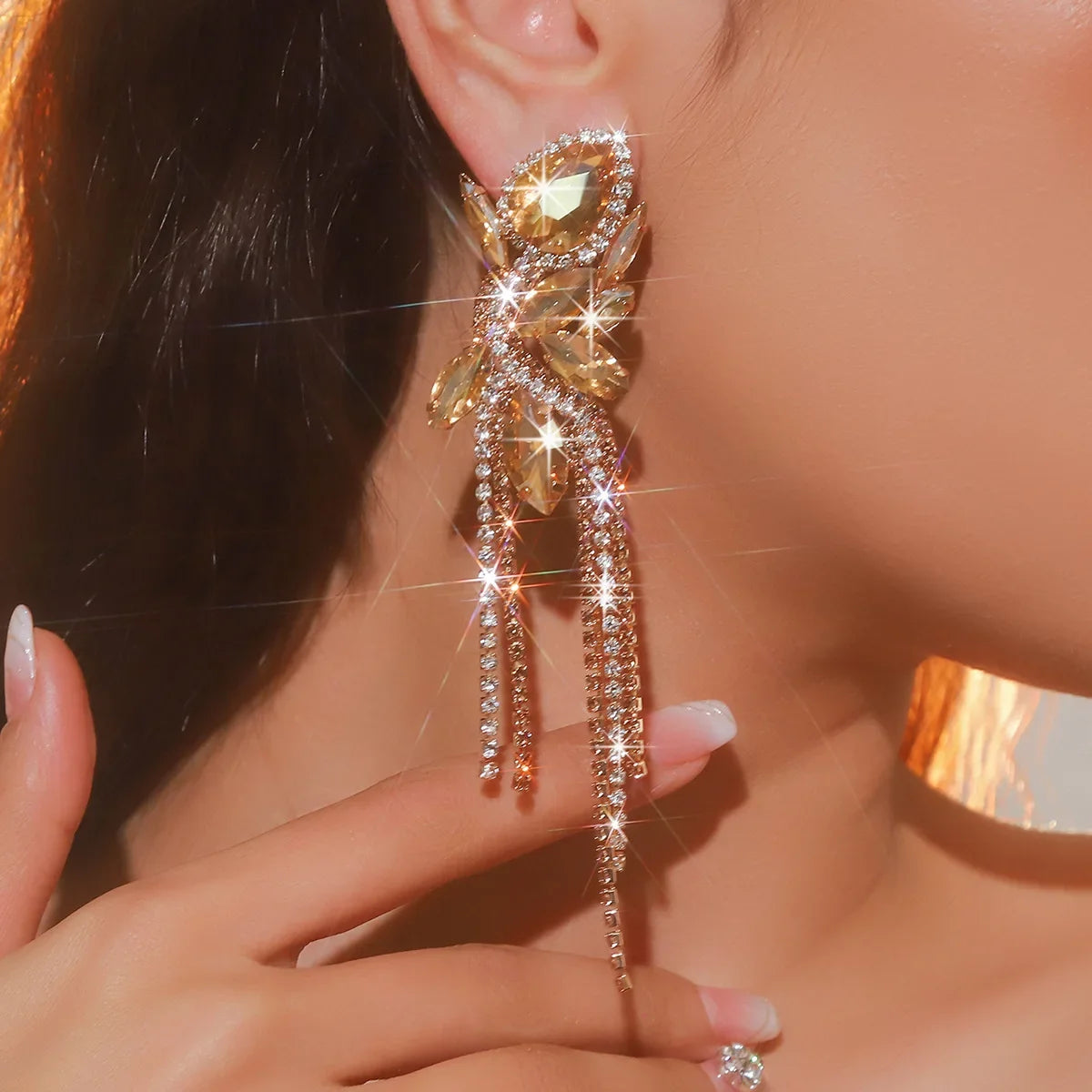 Water Drop Crystal Tassel Earrings