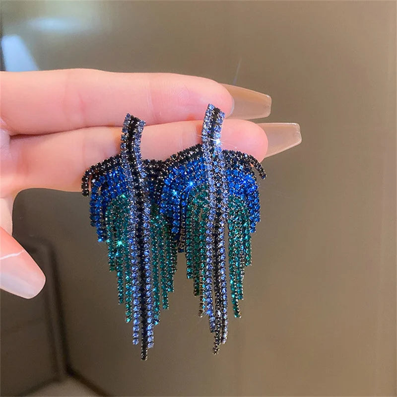 Blue Rhinestone Tassel Drop Earrings