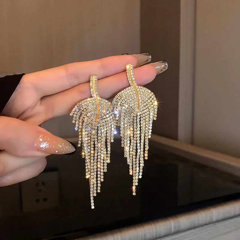 Blue Rhinestone Tassel Drop Earrings