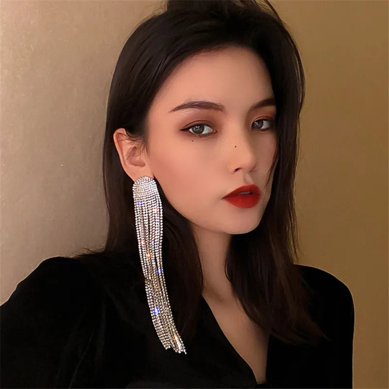 Oversized Rhinestone Tassel Earrings