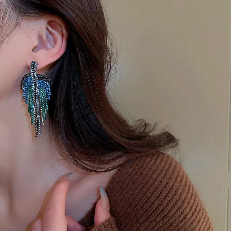 Blue Rhinestone Tassel Drop Earrings