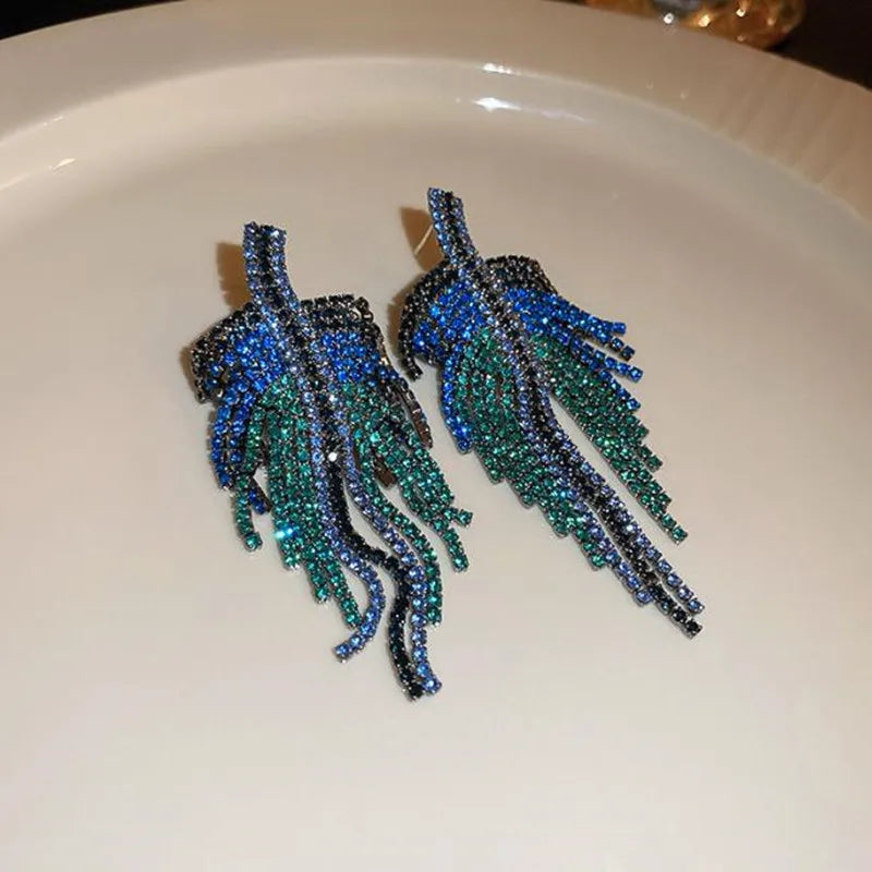 Blue Rhinestone Tassel Drop Earrings