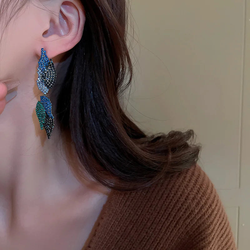 Blue Rhinestone Tassel Drop Earrings